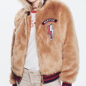 MOTHER Letterman Patch Faux Fur Bomber Jacket - S
